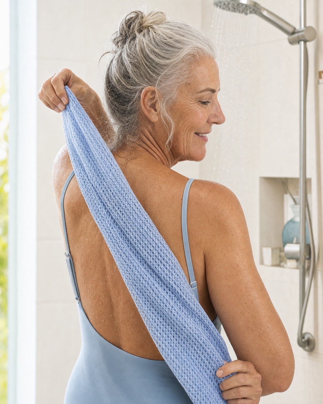 Long blue towel reaching across the back