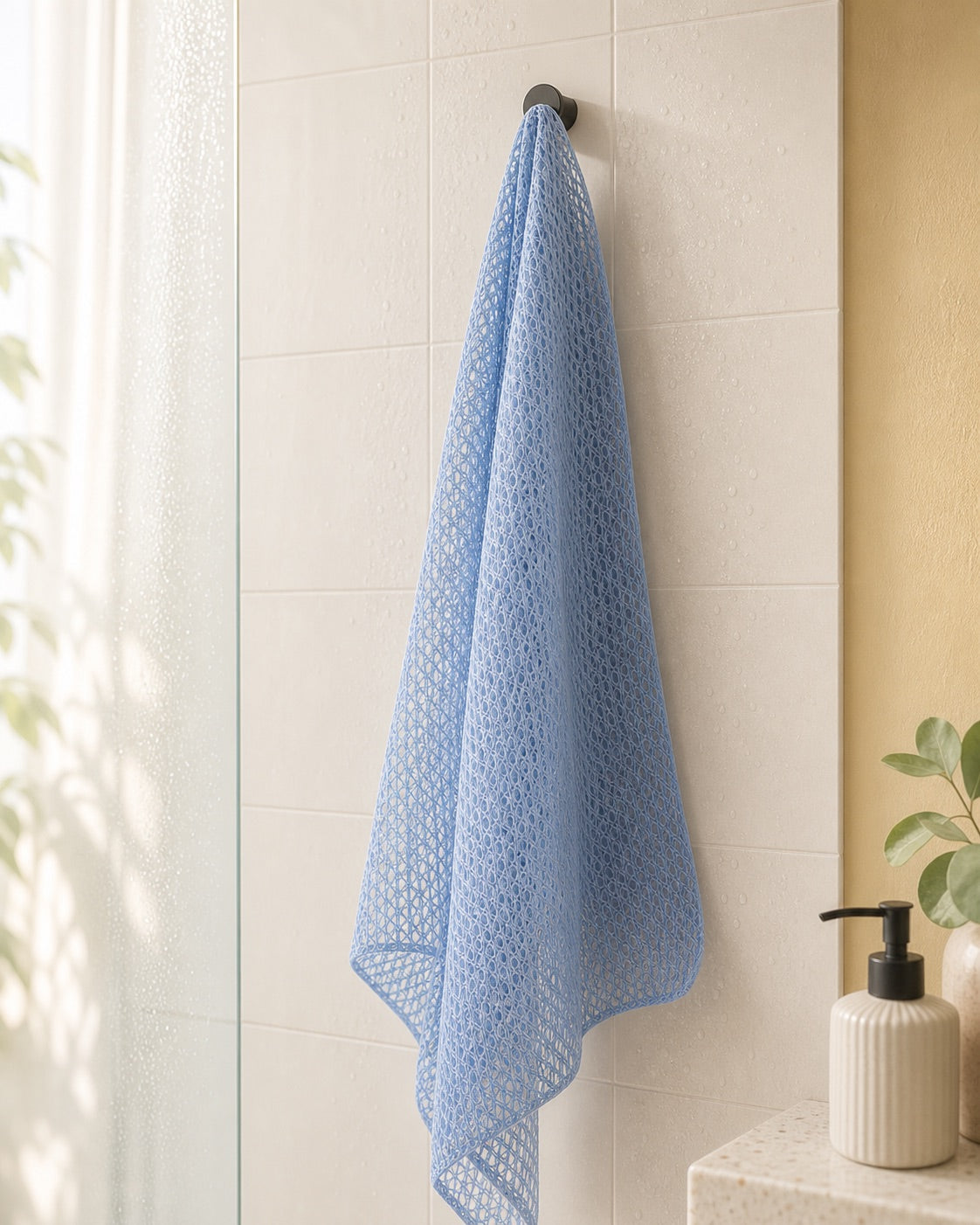 Blue towel hanging open to dry